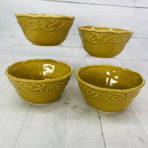 Chris Madden JC Penny CORVELLA GOLD  Embossed Scrolls Stoneware Bowls Set of 4 - Picture 4 of 16